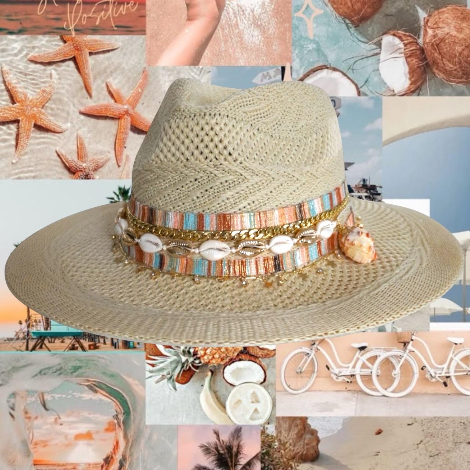 Celtic Reggae Seashells Beach Fedora Hat Seashell Panama Hat: Boho Beach Fedora With Gold Chains - Etsy main image 2