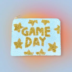 Game Day pouch beaded white coin purse Gameday coin pouch wristlet for game day zipper pouch wallet for game day coin purse white and gold