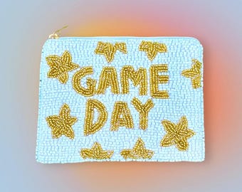 Game Day pouch beaded white coin purse Gameday coin pouch wristlet for game day zipper pouch wallet for game day coin purse white and gold