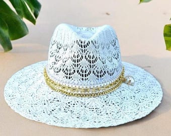 Custom beach hat for Resort Bridal Sun Hat with Lace Trim Wide Brim Straw Sun Hat: Vintage-inspired Lace Ribbon Beach  main image 2