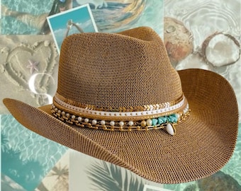 Küsten Cowgirl Sommer Stroh Strand Hut Jeweled Cowboy Hut Island Lux Cowgirl Hut Benutzerdefinierte Shell Türkis Resort Wear Style Urlaub Zubehör