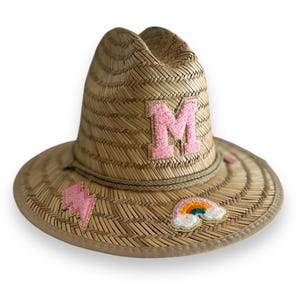Sombrero de paja para bebé, sombrero de salvavidas para niño, sombrero con parche de letra universitaria, sombrero de paja para niños, sombrero de paja personalizado, sombrero de paja con inicial, sombrero de playa de paja