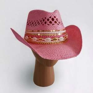 Pink Coastal Cowgirl hat Custom Bachelorette hat Nashville hat Custom Cowboy Hat festival hat Bachelorette hat Jeweled cowboy hat