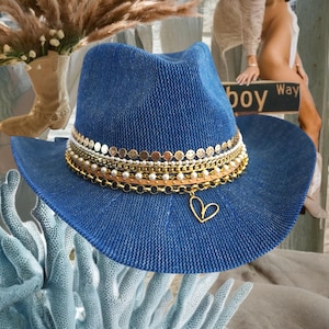 Cowboy hat Denim cowgirl hat Western Glam Chic Jeweled Cowgirl fashion Embellished cowgirl hat Custom jean hat Denim Bridal Coastal cowgirl