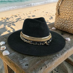Black Fedora with Gold Jewelry Wide Brim Boho Festival Outfit hat Handmade Custom Beach Hat for Summer Vacation Luxe 18k gold plated Sun hat