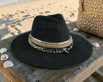 Sombrero Fedora negro con detalles dorados, ala ancha, estilo bohemio, ideal para festivales. Sombrero de playa personalizado hecho a mano para vacaciones de verano. Lujoso sombrero de sol chapado en oro de 18 quilates.