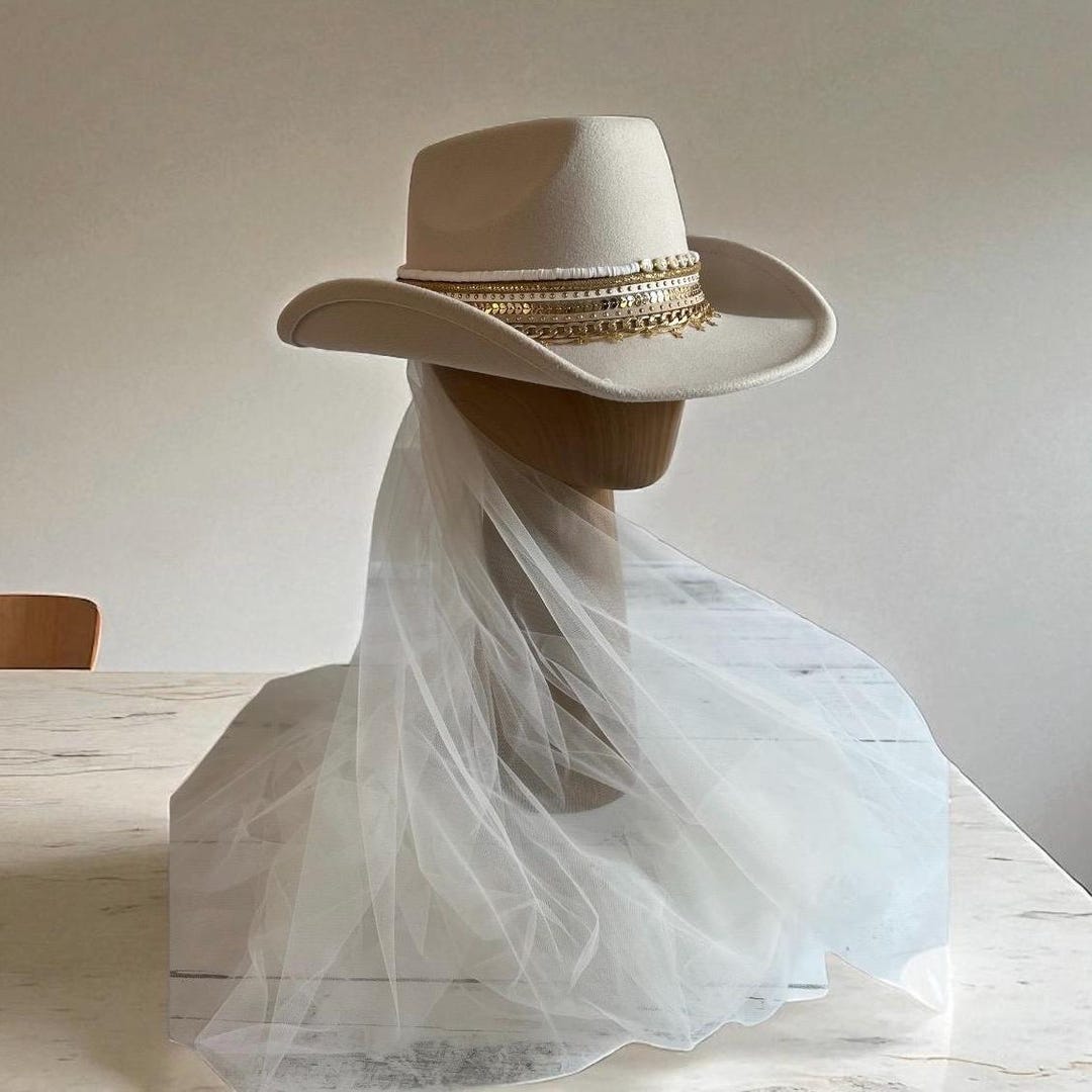 Custom Bride Cowboy Hat With Veil: Beaded Bachelorette Cowgirl
