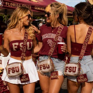 May include: Three individuals wearing maroon apparel with FSU branding. Each carries a clear, rectangular crossbody bag featuring the text FSU and a small square tag reading GO NOLES. The bags have decorative straps with the text GO NOLES.