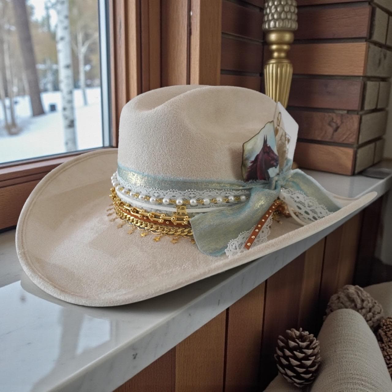 Custom Cowboy Hat: Cream Coastal Cowgirl Shabby Chic Western  display picture 2