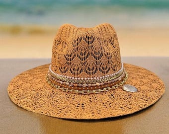 Embellished Straw Fedora: Jeweled Beach Vacation Hat, Tan Panama