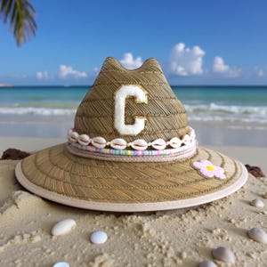 Personalized Straw Sun Hat with Initial Custom Kids Beach Sun Hat with Chenille Letter Birthday Gift for Toddler Custom Baby Shower Gift