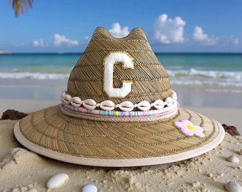 Personalized Straw Sun Hat with Initial Custom Kids Beach Sun Hat with Chenille Letter Birthday Gift for Toddler Custom Baby Shower Gift