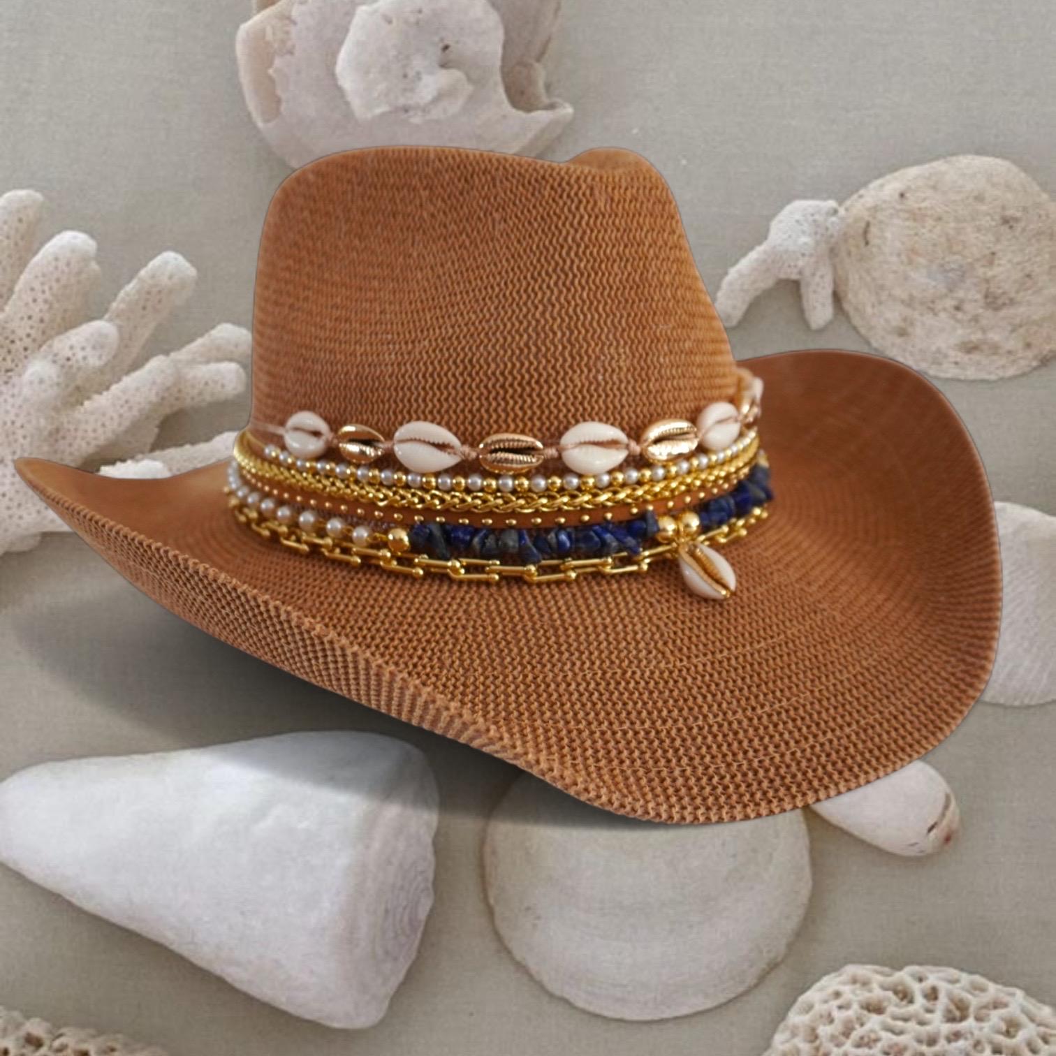 Straw Custom Cowboy Hat: Coastal Red Gemstone and Shell Boho 