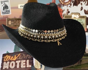 Black Cowboy hat Custom Coastal cowgirl beach hat Personalized Jeweled hat Summer cowgirl hat Nashville Western Vacation outfit Gift for her