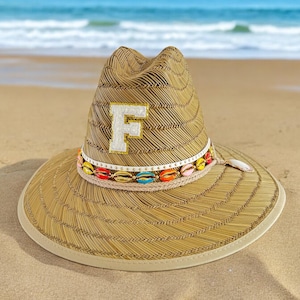 Niños-Juventud-Bebé Sombrero de paja Sombrero salvavidas Varsity carta parche sombrero de paja Sombrero de paja para niños Sombrero de paja personalizado Sombrero de paja inicial Sombrero de playa de paja
