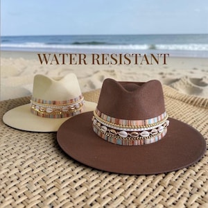 Wasserfester Strandhut Langlebiger Jute-Strohpanama-Hut 18K Vergoldete Kette Shell-Band Damen-Sonnenhut mit breiter Krempe Wasserdichter Boater-Hut