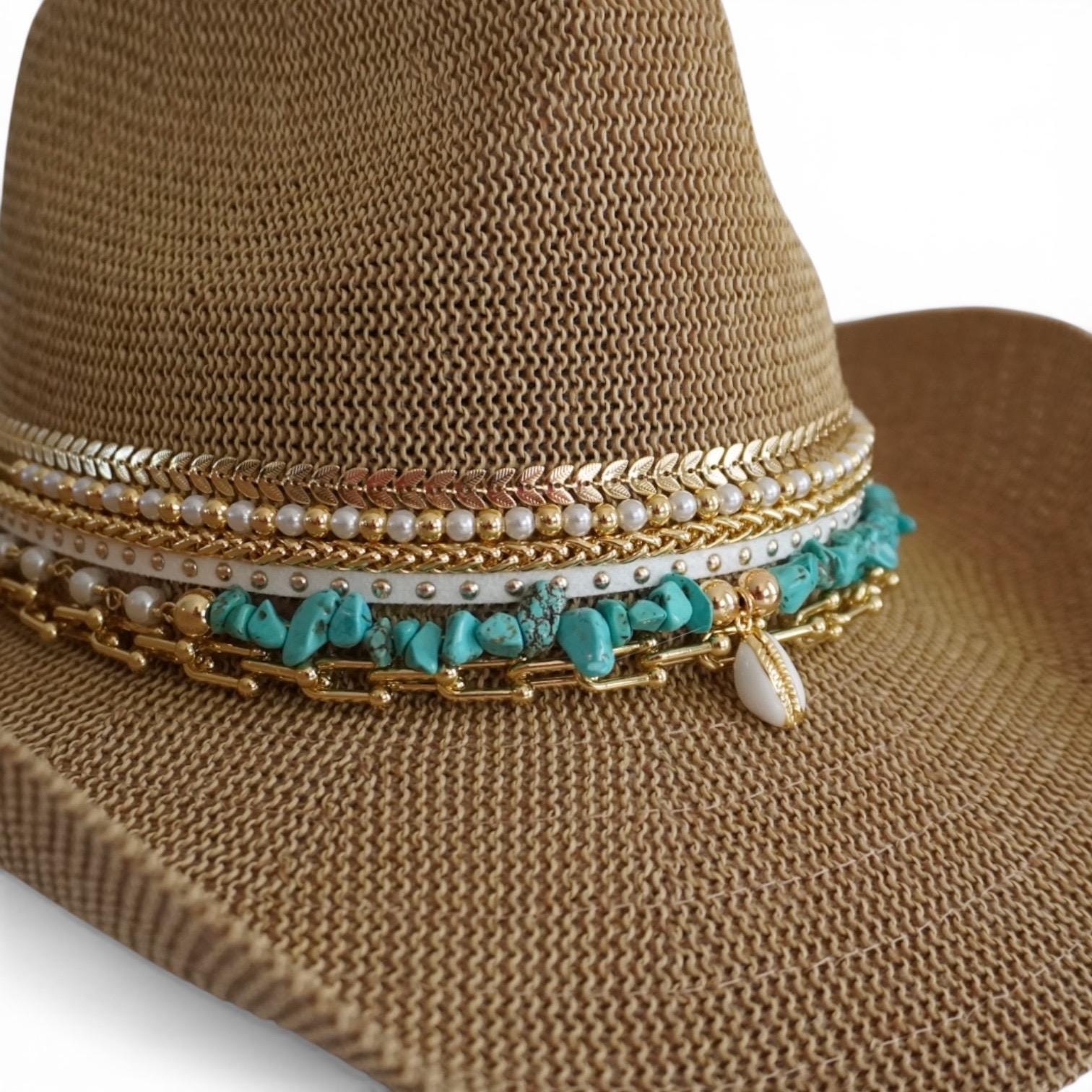Turquoise Wide-Brim Sun Hat with Sea Shell Accent Turquoise Statement Hat Wide Brim Boho Luxury Hat Gold Chain  main image 2