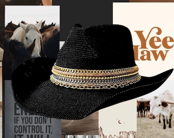 Strand-Cowboy-Schwarz-Cowgirlhut Benutzerdefinierte Sommerhut Küsten-Cowgirl Jeweled Hut Personalisierte verschönerte Ferien-Resort tragen Island Luxe