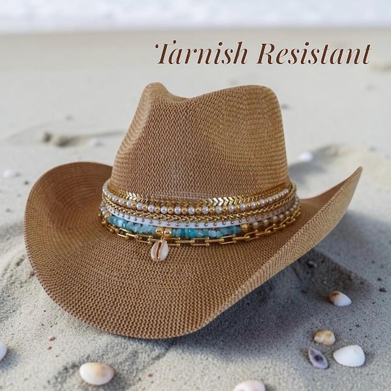 Tan Western Cowboy Hat with Turquoise Beaded Band Beaded Turquoise Cowboy Hat Band, Native American Beaded  main image 4