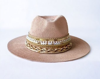 Custom Fedora hat Jeweled Cowboy Hat Rancher Hat, Hat for fashionista, Custom Fedora, Wide Brim Hat Panama Hat, Hat for Festival Resort wear