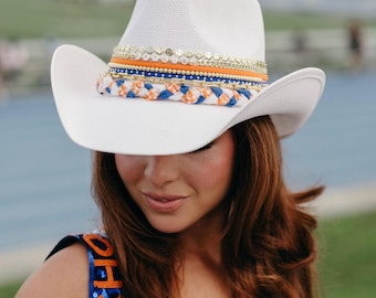 Sombrero vaquero de los UF Gators, naranja y azul, para el día del partido, sombrero vaquero universitario, regalo personalizado para fans de Florida, sombrero western con cuentas, para fiestas previas al partido.