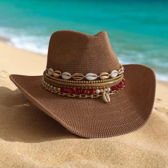Straw Custom Cowboy Hat: Coastal Red Gemstone and Shell Boho  display picture 1
