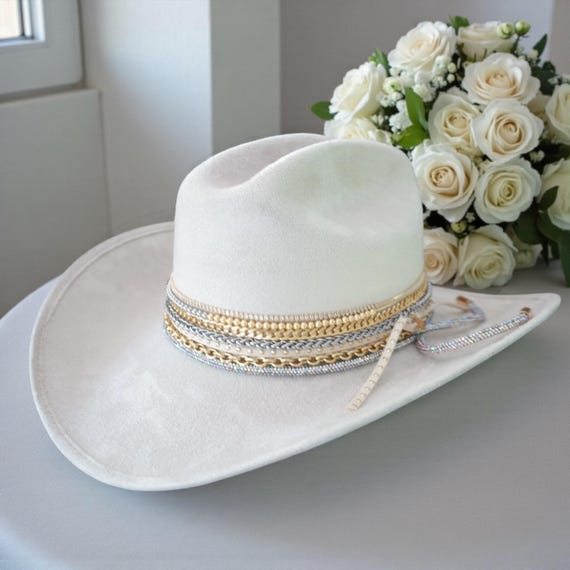 Cream Cowboy Hat - LADIES STATEMENT HAT! Custom Cream Cowgirl Hat for Women Cowboy Hat for Rodeo  main image 2