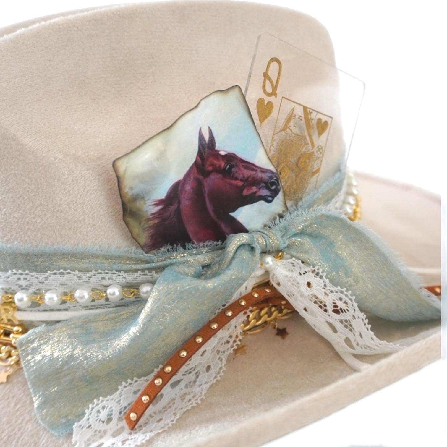Coastal Cowgirl Custom Hat in Cream with Crochet Ribbon Bow & Starfish Brooch ? Custom Cowboy Hat: Cream Coastal Cowgirl Shabby Chic Western  main image 2