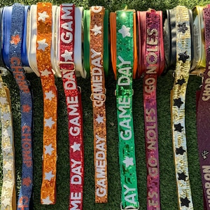 Könnte beinhalten: Sieben bunte, mit Pailletten besetzte Riemen mit unterschiedlichen Texten, darunter "Game Day", "Chopon" und "Go Noles".