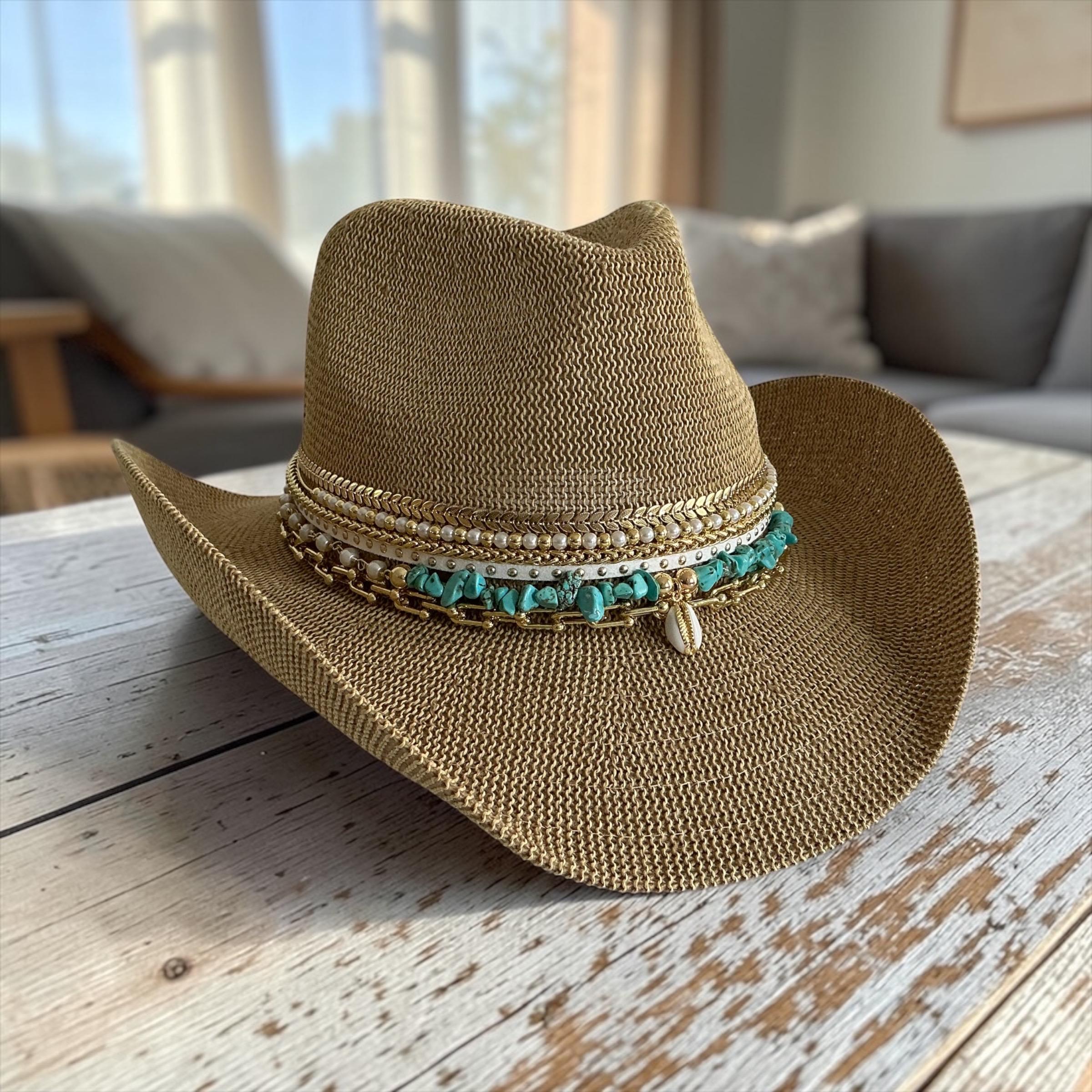 Turquoise Statement Hat Wide Brim Boho Luxury Hat Gold Chain  display picture 1