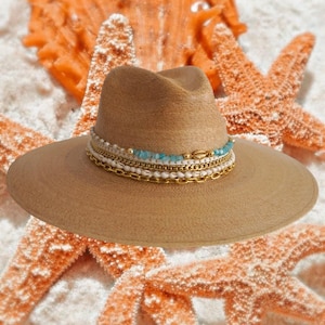 Wide Brim Palm Panama Hat: 18K Gold Jeweled Fedora