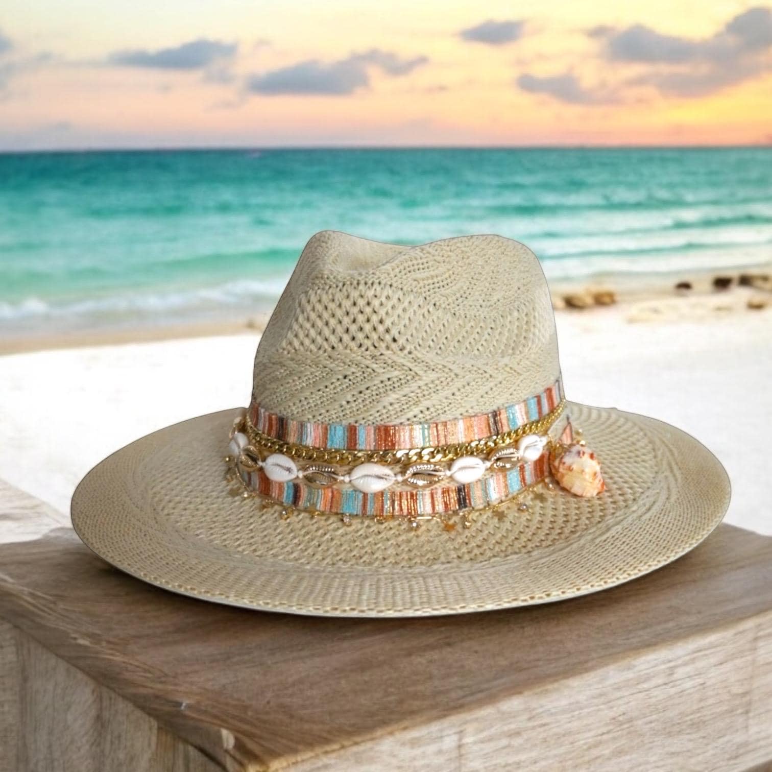Seashell Panama Hat: Boho Beach Fedora With Gold Chains - Etsy