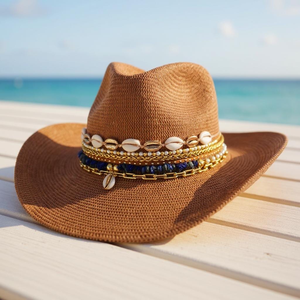 3 Pack Straw Cowgirl Hats Beaded Seashell Decor Sun Hats Beach Party Favors Amazon.com: Hercicy 6 Set Coastal Cowgirl Hat Craft DIY with  main image 4