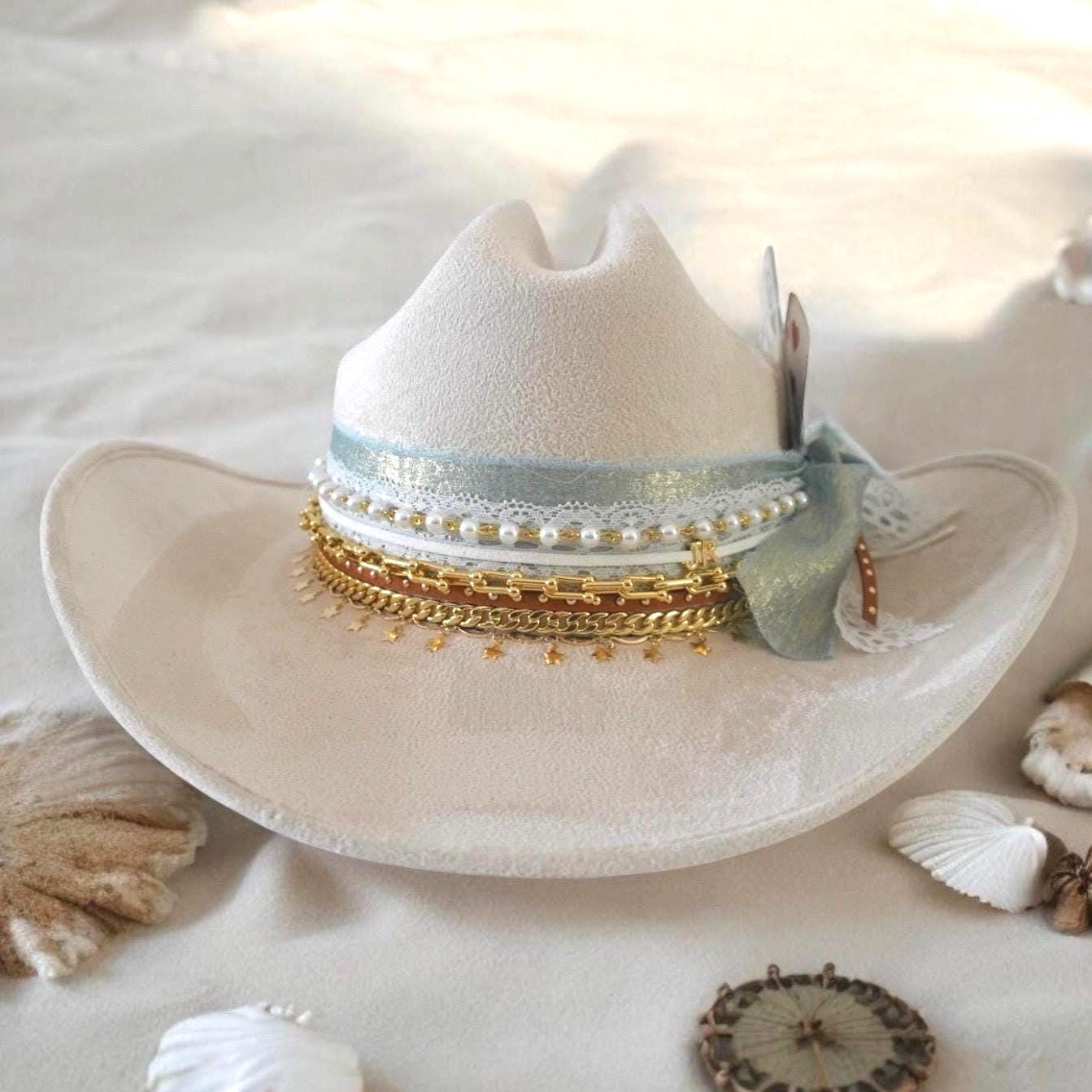 Coastal Cowgirl Custom Hat in Cream with Crochet Ribbon Bow & Starfish Brooch ? Custom Cowboy Hat: Cream Coastal Cowgirl Shabby Chic Western  main image 3