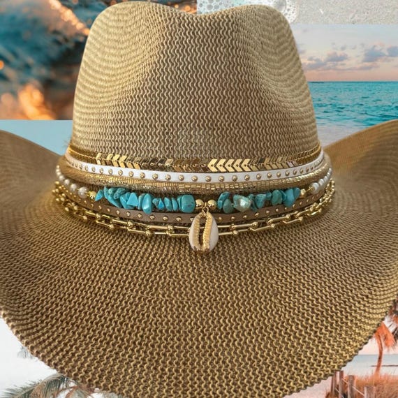 Beach Vacation Cowgirl Hat Custom Tan Beaded Cowboy Hat Gold  display picture 2