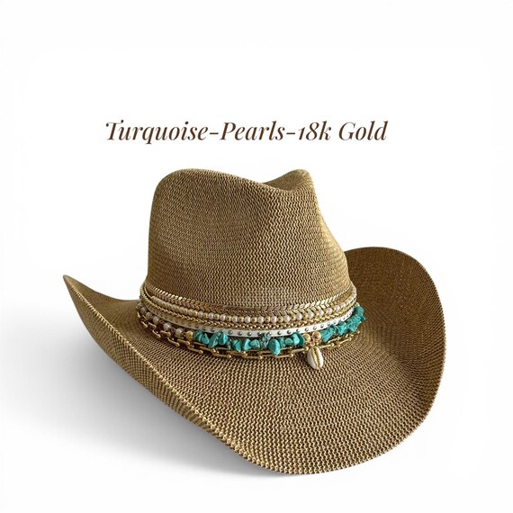 Turquoise Wide-Brim Sun Hat with Sea Shell Accent Turquoise Statement Hat Wide Brim Boho Luxury Hat Gold Chain  main image 3