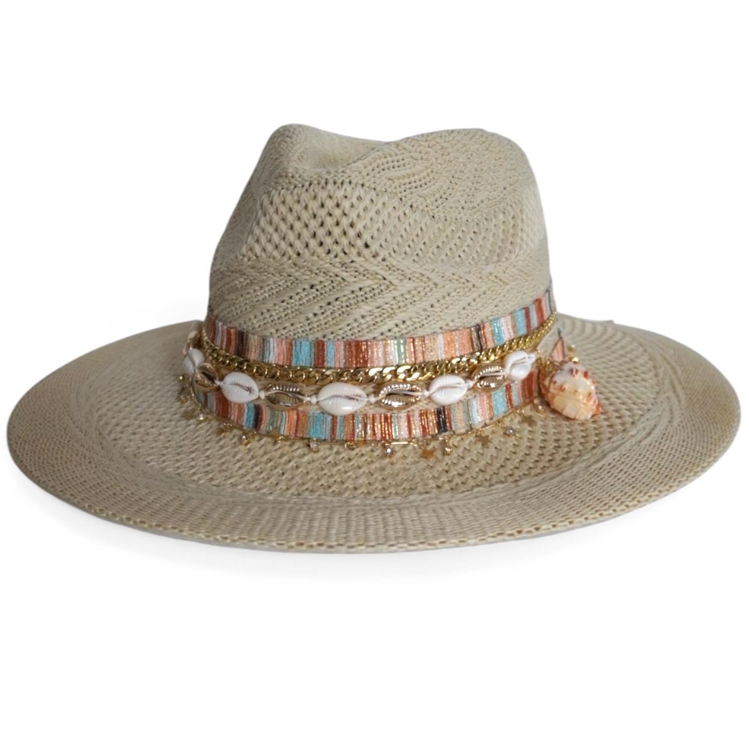 Seashell Panama Hat: Boho Beach Fedora With Gold Chains - Etsy display picture 3