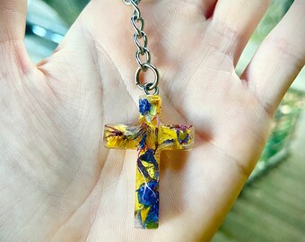 Funeral Flower Petal Cross Keychain: Epoxy Resin Memorial Keepsake