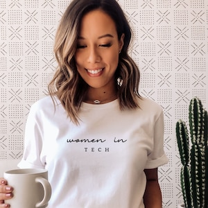 Puede incluir: Camiseta blanca con el texto "women in TECH" en escritura negra. La persona sostiene una taza blanca. Un cactus está en una maceta blanca a la derecha. El fondo es una pared blanca con un patrón geométrico negro.