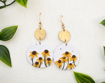 Sunflower Buttons | Sunflower Dangle Earrings | Handmade Polymer Clay Jewellery | Spring Earrings