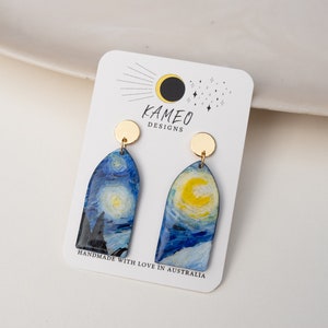 Hand-painted Starry Night Earrings | Van Gogh Starry Night Arch Earrings | Clay Earrings | Art Earrings