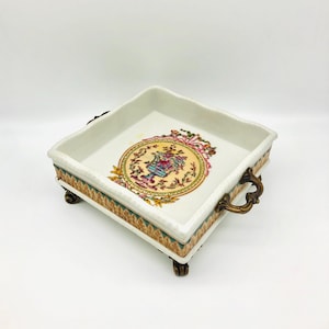 Vintage WONG LEE 1895 Chinese Ceramics Hand Painted Footed Bowl  with ornate metal, brass accents, Ormolu Gold Gilt