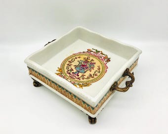Vintage WONG LEE 1895 Chinese Ceramics Hand Painted Footed Bowl  with ornate metal, brass accents, Ormolu Gold Gilt