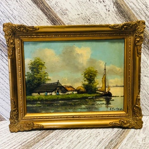 c1925 Antique Dutch Oil Painting by listed artist ALFRED MARTENS, gold gilt wood frame