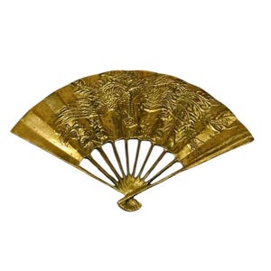 Vintage aus massivem Messing chinesischer Phoenix-Fan | Dekoratives Vogel- & Blumenmotiv | Antikes orientalisches Wohndekor, massives Messing, Drachendekor