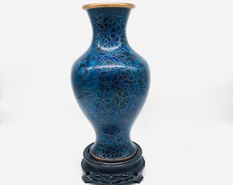 Vintage Cloisonne Vase with wood stand, Large Chinese brass Cloisonné Vase, intricate wood stand, Metal Brass Vase, Blue and Gold tones