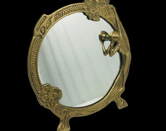 Vintage Art Nouveau Brass Lady Tabletop Mirror – Ornate Floral Vanity Mirror with Woman Figure, Antique Dresser Decor