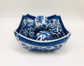 Blue and white decorative Bowl Vintage Chinese large handpainted ceramic floral bowl centerpiece Floral Asian bowl, Porcelain carpet spheres