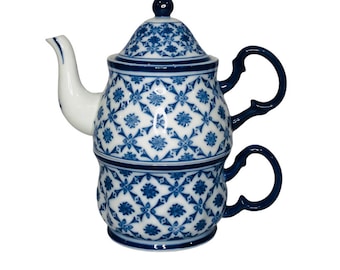 Zestaw do herbaty i filiżanki Harry i David w stylu vintage – niebieska porcelana z motywem kwiatowym