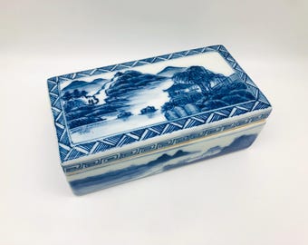 Vintage Blue & White Chinese Jewelry Box – Intricate Mountain and Pagoda Design, Elegant Keepsake Box for Home or Vanity Decor, Asian decor